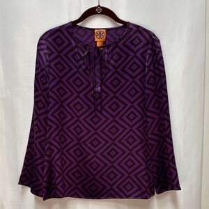 Tory Burch 100% Silk Black and Purple Diamond Blouse Size 6